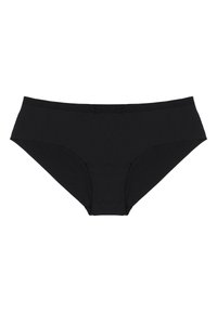 Czarne bawełniane majtki o gładkiej fakturze, elastycznym pasku w talii i pełnym kroju. Bez widocznych wzorów ani akcentów.