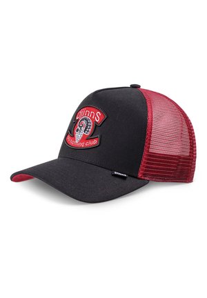 Schwarze und rote Mesh-Trucker-Cap mit gesticktem Patch, der ein stilisiertes Oktopus-Tentakel und den Text "dinns no nothing club." zeigt.