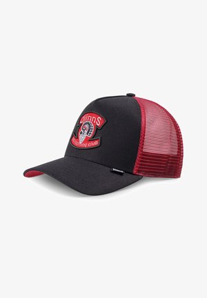 Black and red mesh trucker cap with embroidered patch showing a stylized octopus tentacle and text "dinns no nothing club."