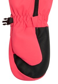 Vattentät rosa handske med svart texturerad palm, utrustad med dragkedja och justerbar manschett för en säker passform. Slät yta på utsidan.