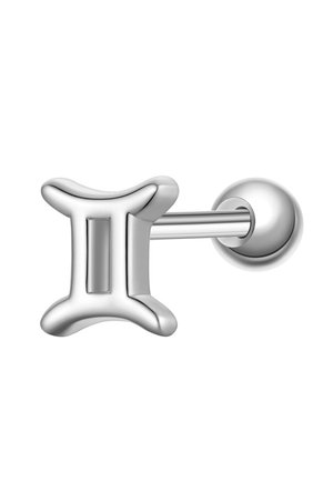 Sølv ørestik med et poleret stjernetegn for Tvillingerne, fastgjort til en lige stang med kugleformet bagstykke.