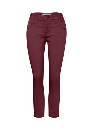 Pantaloni slim-fit bordeaux con tasche frontali, patta con zip e chiusura a bottone. Realizzati in un tessuto liscio e flessibile con un design sartoriale.