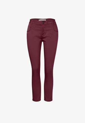 Burgundy slim-fit-housut etutaskuilla, vetoketjukiinnityksellä ja napilla. Valmistettu sileästä, joustavasta kankaasta, jossa on räätälöity muotoilu.