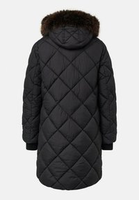 Cappotto lungo trapuntato nero con cappuccio, dotato di una finitura in pelliccia sintetica. Motivo a diamante testurizzato e polsini a coste per una vestibilità strutturata.