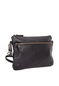 Black leather crossbody bag with a flat design, two zippered compartments, and a detachable strap. Textured surface with subtle branding.