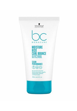 Weißer Quetschtube mit türkisfarbenen Akzenten, mit dem Text "bc Bonacure Moisture Kick Curl Bounce Glycerol". 150 ml, saubere Leistung Formel.