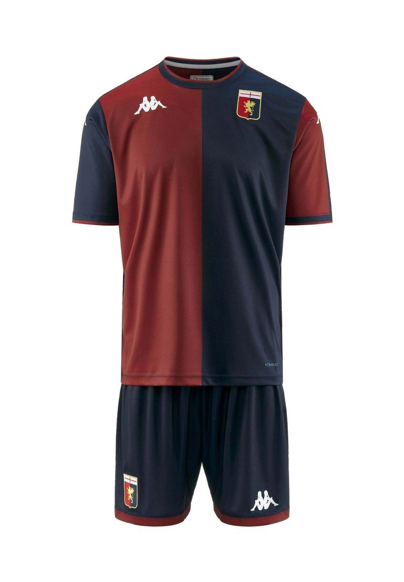 Abbigliamento da calcio con maglietta a maniche corte e pantaloni corti in blu scuro e granata. Include accenti con logo e dettagli a contrasto.