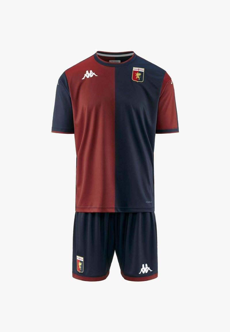 Abbigliamento da calcio con maglietta a maniche corte e pantaloni corti in blu scuro e granata. Include accenti con logo e dettagli a contrasto.