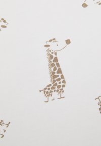 Cotton fabric featuring a pattern of cartoon giraffes in brown on a white background, highlighting their textured spots and playful poses.