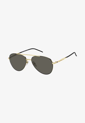 Gold metal aviator sunglasses with dark gray lenses, featuring a sleek design, black temples, and subtle branding on the frame.