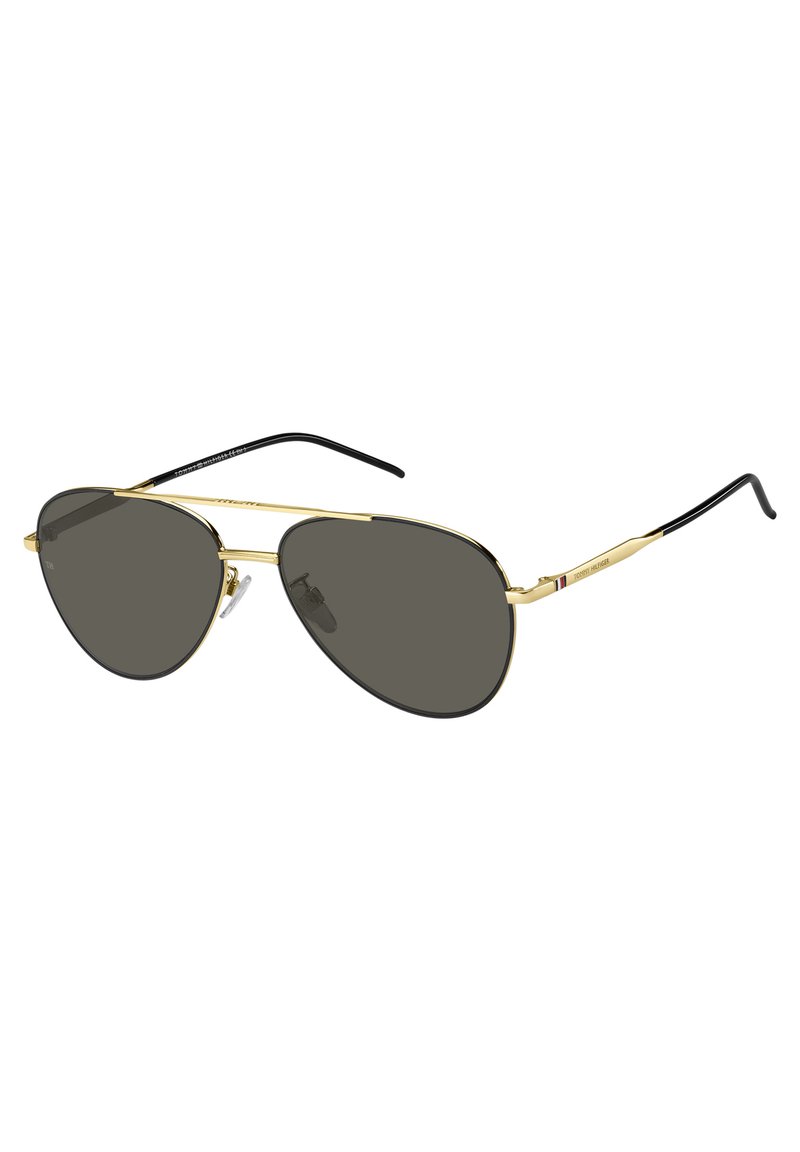Ochelari de soare aviator din metal auriu, cu lentile gri închis, având un design elegant, temple negre și o marcă discretă pe ramele acestora.