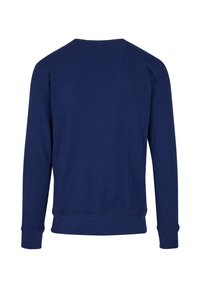 Navy blue sweatshirt with a round neckline, long sleeves, ribbed cuffs, and hem. Made of soft cotton fabric, featuring a plain design.