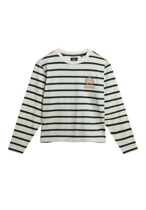 Langärmliges Baumwollhemd mit grünen und weißen horizontalen Streifen, versehen mit einem gestickten "Superdry"-Logo auf der Brust. Klassischer Rundhalsausschnitt.