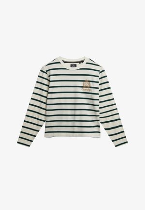 Katoenen shirt met lange mouwen in groen en witte horizontale strepen, met een geborduurd "Superdry" logo op de borst. Klassieke ronde hals.