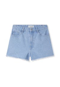 Shorts in denim azzurro chiaro con orlo sfilacciato, design a cinque tasche e spruzzi metallici. Presentano una chiusura frontale con bottone e zip.