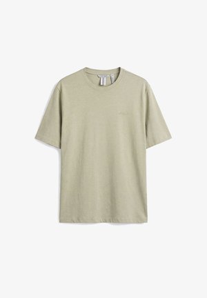 Lichtbeige kortemouwen T-shirt van katoen met ronde hals, klein geborduurd logo op de borst en merklabel in de binnenkant van de kraag.
