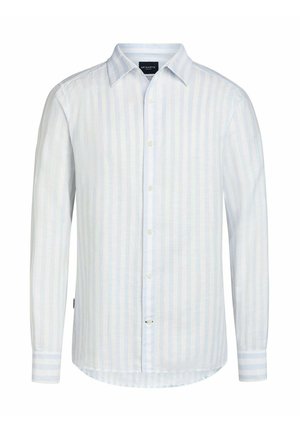 White long-sleeve button-up shirt with light vertical stripes, pointed collar, and buttoned cuffs.