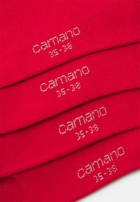 Red cotton socks stacked; each features "Camano" and size 35-38 stitched in white. Smooth texture with a simple design.