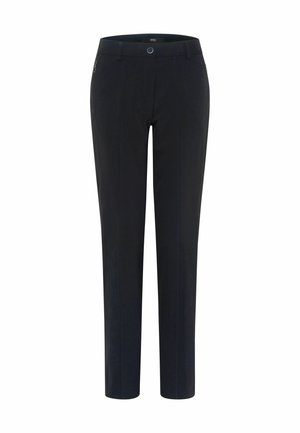 Black, tailored trousers with a slim fit, featuring pinstripes and a button closure, made from a smooth fabric with a slight sheen.