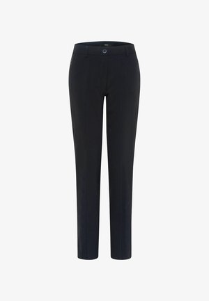 Pantaloni neri su misura con una vestibilità slim, caratterizzati da righe sottili e chiusura a bottone, realizzati in un tessuto lucido e morbido.