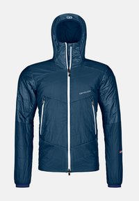 Dunkelblau isolierte Jacke mit Reißverschluss, verstellbare Kapuze, Chevron-Muster und elastischen Bündchen. Leicht, mit glatter Textur und strapazierfähigem Material.