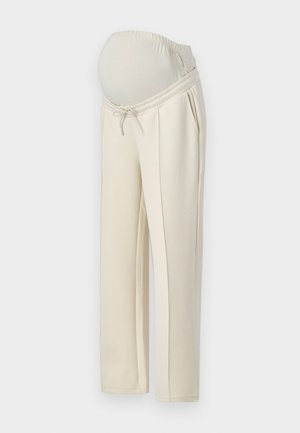 Jasno beżowe spodnie ciążowe z elastycznym paskiem w talii, detalem w postaci sznureczka oraz dwiema bocznymi kieszeniami. Wykonane z miękkiego, elastycznego materiału.