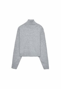 Pull gris à col roulé en tissu tricoté doux. Comprend des manches longues et un design court avec des détails côtelés au col et à l'ourlet.