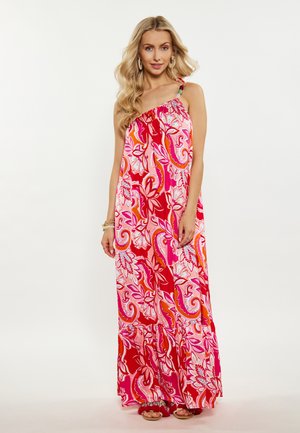 Multi-colored maxi dress featuring a floral paisley pattern in pink, red, and orange hues. Made of lightweight fabric with a gathered neckline.