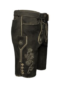 Kožené šortky tmavě hnědé barvy s dekorativní výšivkou, včetně květinových a zvířecích motivů. Obsahují pět knoflíků a kontrastní prošívání.