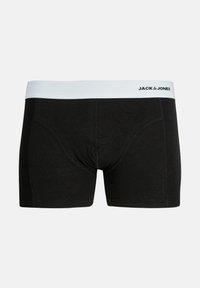 Black cotton boxer shorts with a white elastic waistband featuring the brand name "JACK & JONES" in black lettering along the top.
