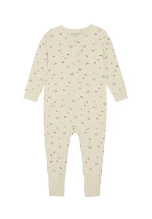 Krämbelagd zip-up one-piece med långa ärmar, prydd med små blommiga mönster i rosa och grönt, samt elastiska muddar vid handled och vrist.