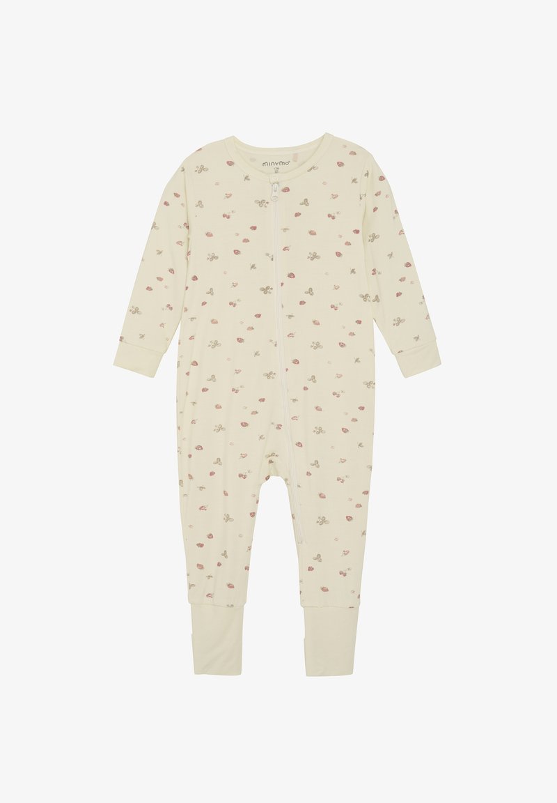 Crème-kleurige zip-up jumpsuit met lange mouwen, versierd met kleine bloemenpatronen in roze en groen, en met elastische boorden bij de polsen en enkels.