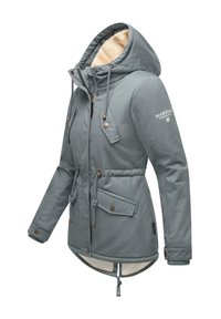 Gray insulated jacket with a fleece-lined interior, adjustable hood, drawstring waist, and bronze-toned hardware. Two front pockets.