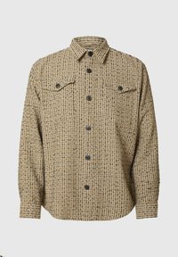 Brązowa i czarna koszula w kratę z guzikiem z przodu, dwoma kieszeniami na piersi i standardowym kołnierzykiem. Wykonana z teksturowanej tkaniny.