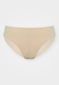Beige cotton blend bikini-style underwear with a smooth texture, low-rise design, and elastic waistband. No visible patterns or hardware.