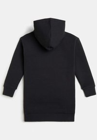 Svart hoodie med dragsko i huvan, långa ärmar och ribbade manschetter och nederkant. Har en slät tygtextur utan synliga mönster.
