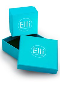 Turkise gaveæsker stablet, med afrundede hjørner. Den øverste æske viser "Elli by Julie & Grace" i hvid tekst inde i et rundt logo.