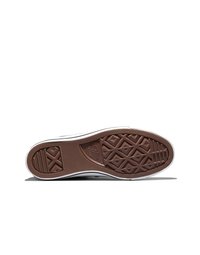 Braune Gummisohle eines weißen Sneakers mit Diamant- und Streifenprofilen sowie einem sichtbaren Markenlogo in der Mitte.