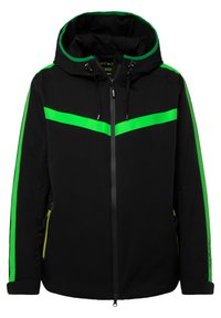 Schwarze Jacke mit Kapuze und leuchtend grünen Akzentstreifen. Entworfen mit Reißverschlüssen und einer eleganten, modernen Silhouette. Strukturierter, wasserabweisender Stoff.