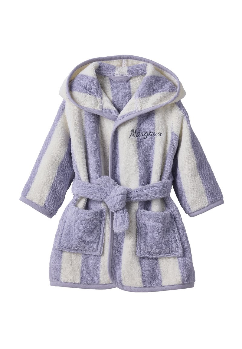 Striped lavender and white hooded bathrobe made of terry cloth, featuring a tie waist, two front pockets, and embroidered name.