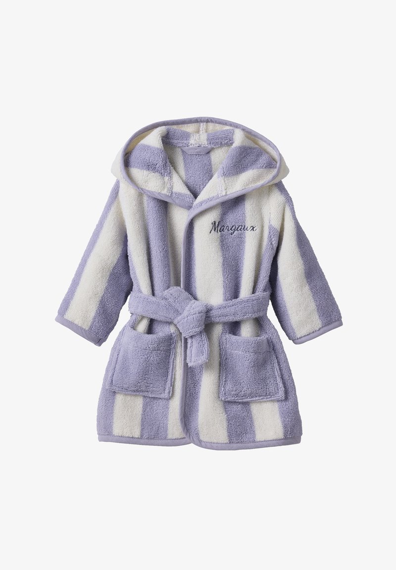 Striped lavender and white hooded bathrobe made of terry cloth, featuring a tie waist, two front pockets, and embroidered name.