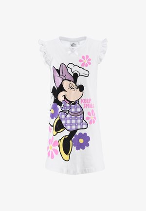 T-shirt in cotone bianco con maniche arricciate, decorato con un'immagine di un topo cartoon in un vestito viola con motivi floreali e la scritta "KEEP SMILI".