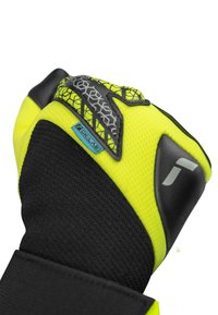 Guanto giallo ad alta visibilità con materiale testurizzato nero e un accento a motivo. Include una cinghia sicura per una vestibilità aderente.