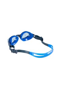 Blå simglasögon med böjda linser, mjukt silikonram, justerbart svart band och ljusblå detaljer. Designade för komfort och passform.
