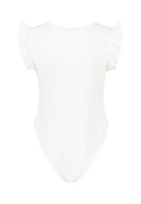 Body blanc pour bébé avec manches courtes à volants, montré de dos sur un fond uni.