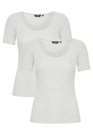 Zwei kurzärmlige T-Shirts in Hellgrau mit einem runden Ausschnitt und einem weichen, strukturierten Stoff, geeignet für die Freizeit.