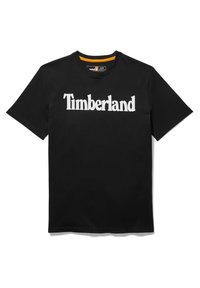 Juodos medvilnės marškinėliai su didele balta "Timberland" logotipu priekyje. Trumpomis rankovėmis ir apvaliu iškirpimu. Lygus paviršius.