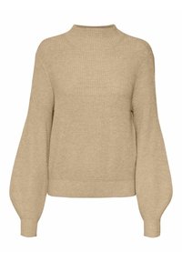 Beige pletený svetr s vysokým límcem, žebrovanou strukturou, dlouhými balónovými rukávy a rovním lemem. Vyrobeno z měkké, teplé látky.