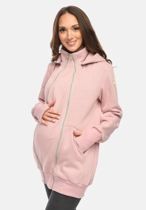 Rosa Kapuzenpullover mit Reißverschluss, gerippten Bündchen und Saum, seitlichen Taschen und einer lockeren Passform, geeignet für Umstandsmode.