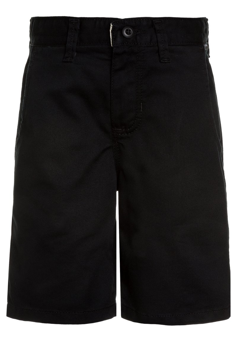 Zwarte katoenen shorts met een rechte snit, sluiting met knopen aan de voorkant en riemlussen. Gladde textuur met standaardzakken en een gestikte zoom.